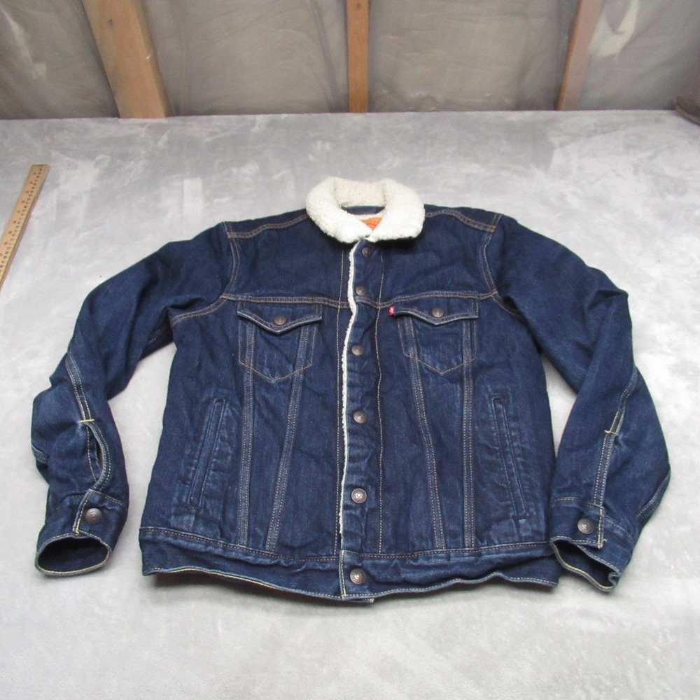 Levis Jacket Women Small‎ Dark Wash Denim Sherpa Lined Classic Trucker Western